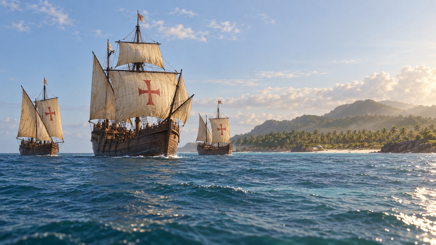 Illustrative reconstruction of three ships from the 1492 expedition approaching a Caribbean coast