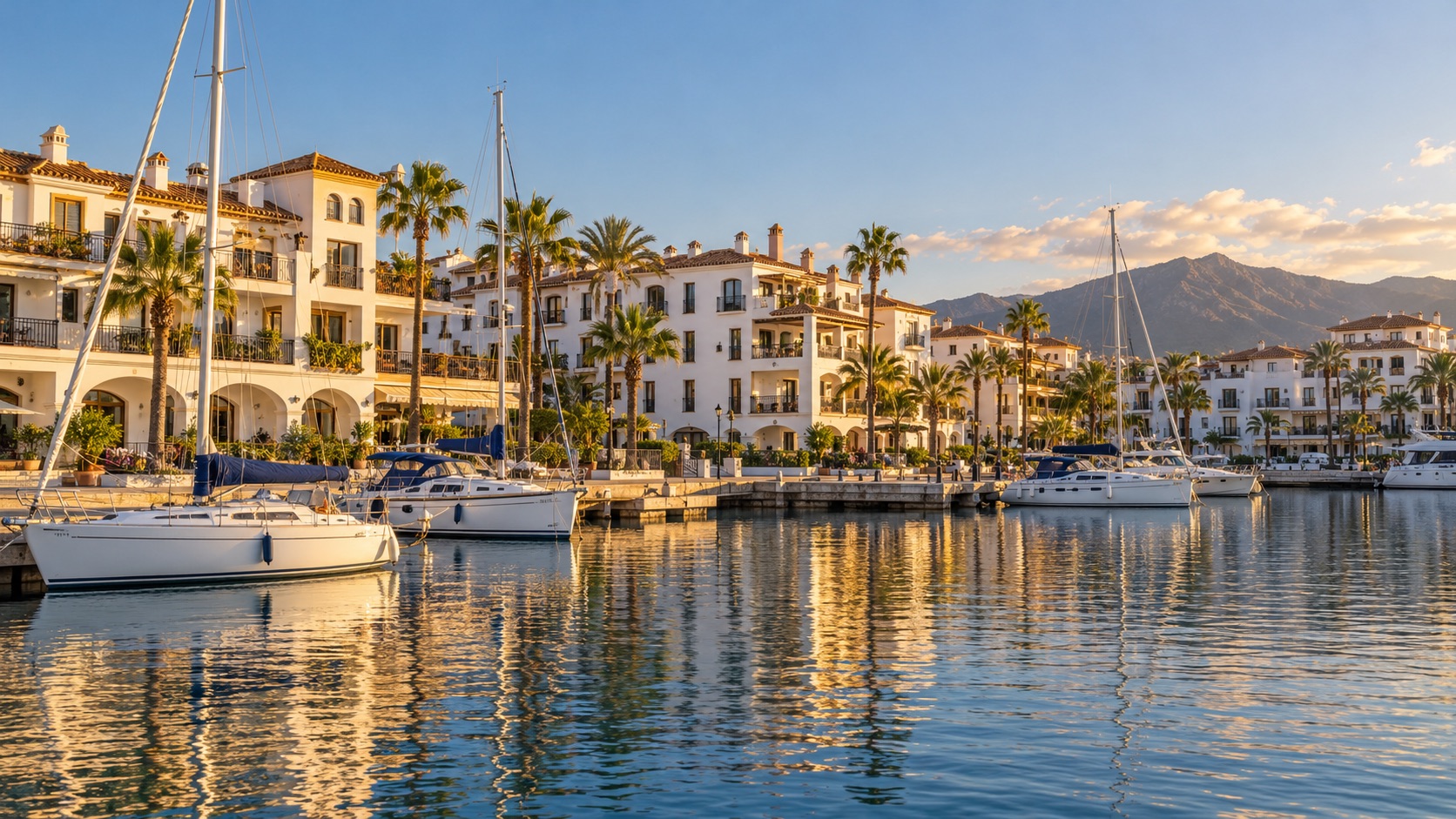 Illustrative Mediterranean marina with homes and sailing boats